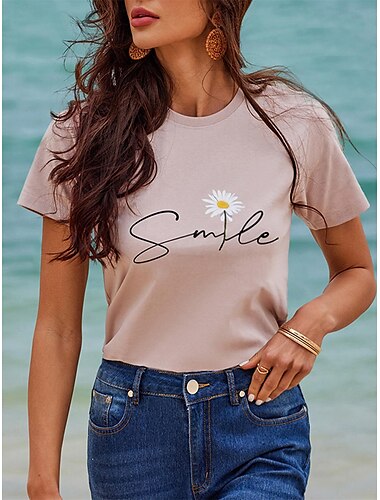  Damen T Shirt Gänseblümchen Buchstabe Modisch Basic Kurzarm Rundhalsausschnitt Normale Oberteile Casual Wochenende Bedruckt Rosa Sommer
