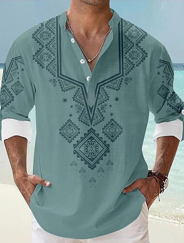  Herren Ethnisch Hemd Knopfhemd Henley Shirt Langarm Vintage Brautkleider schlicht Stamm Urlaub Täglich Strand Sommer Winter Frühling & Herbst Ständer Knopf hoch 3D-Druck Hellblau Weiß Grün