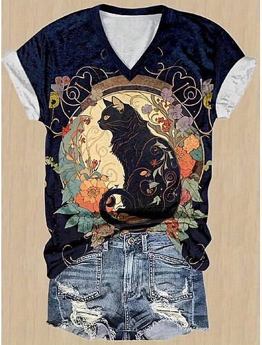  T-Shirt für Damen, eleganter Aufdruck, kurzärmlig, normale Passform, V-Ausschnitt, für den Alltag, Marineblau, Sommer