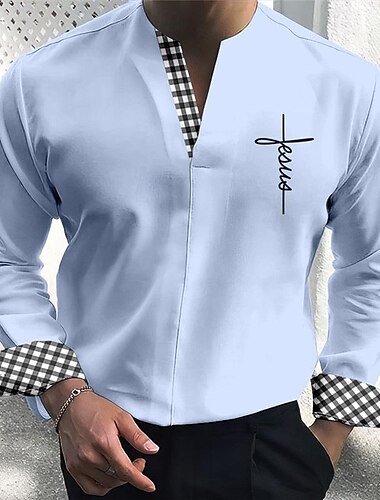  Per uomo Camicia Camicia estiva Maglietta informale Azzurro cielo Kaki Grigio Azzurro Manica lunga A quadri Color Block Fede A V Per eventi Da mare Collage Abbigliamento Di tendenza Stile cinese