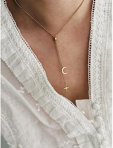  Collar con colgante de estrella y luna doradas para mujer: cadena de lazo de acero de titanio perfecta para estilos informales y elegantes