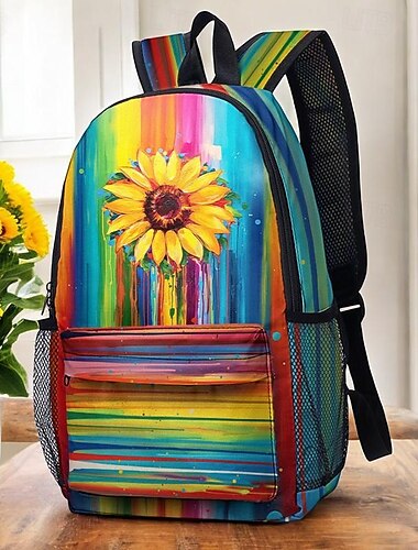  Kleurrijke zonnebloemrugzak voor school en reizen – duurzame canvas tas met levendig artistiek ontwerp en verstelbare bandjes