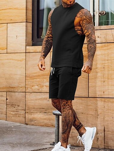  Herren Trainingsanzug Jogginganzug 2 teilig Casual Ärmellos Atmungsaktiv Weich Fitness Fitnesstraining Laufen Sportbekleidung Sportkleidung Einfarbig Schwarz Weiß Grün