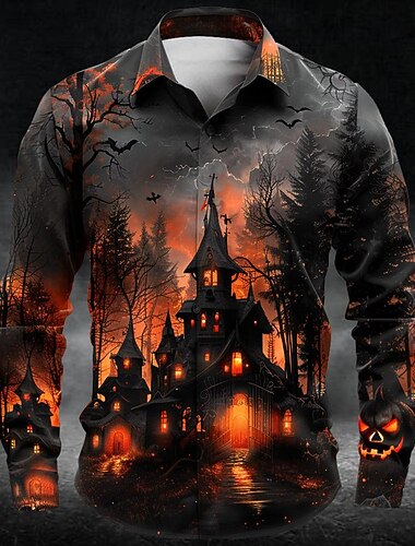  Halloween Castello Informale Scuro Per uomo Camicia Camicia con bottoni Manica lunga Da sera Autunno Inverno Primavera estate Collo ripiegabile Colletto Abbottonare Stampa 3D Sottile Arancione