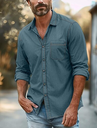  Herren Hemd Chambray-Hemd Calico-Hemd Knopfhemd Lässiges Hemd Denim Blue Schwarz Blau Dunkelblau Langarm Glatt Kragen Täglich Urlaub Bekleidung Modisch Brautkleider schlicht