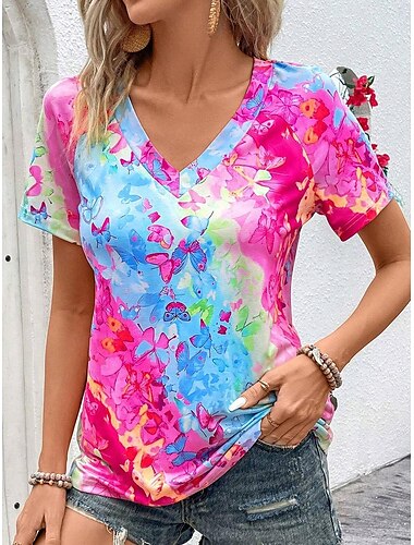  Damen T-Shirt stilvoll lässig Ombre Schmetterlingsdruck Kurzarm normale Oberteile V-Ausschnitt Alltags-Rosa Sommer