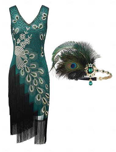  Retró Ordító 20-as évek 1920-as évek Flapper ruha Flapper fejpánt A nagy Gatsby Flapper lány Esküvői Vendég Flitter Rojt Toll Jelmez Női Menyegző Ruha Klub Felnőttek Ruha Fejfedők Hazatérő ruhák