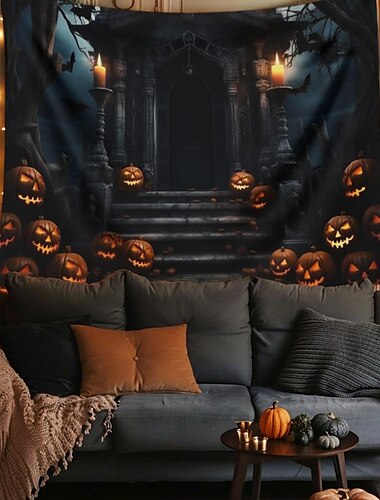 ハロウィーンの飾り、吊り下げタペストリー、ジャック・オー・ランタン、カボチャ、墓地、壁アート、大きなタペストリー、壁画、装飾、写真、背景、ブランケット、カーテン、自宅、寝室、リビングルーム