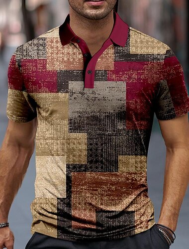  Herren Karomuster Poloshirts Golfshirt Kurzarm Polo-Shirts Hemden mit Kragen Vintage Urlaubskleidung Formelle Kleidung Festivalkleidung Knöpfe 3D-Druck Frühling & Sommer Wein Rote Blau