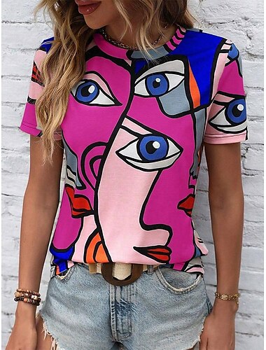  Damen T Shirt Abstrakt Stilvoll Brautkleider schlicht Kurzarm Rundhalsausschnitt Normale Oberteile Täglich Bedruckt Weiß Purpur Grün Regenbogen Sommer