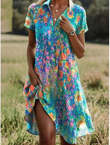  Femme robe longue Robes bohème chic Robe d'été robe de plage Tropique Décontractées Bohème Vacances Travail du quotidien Standard Petites fleurs Manche Courte Col V Revers Marron Arc-en-ciel Et