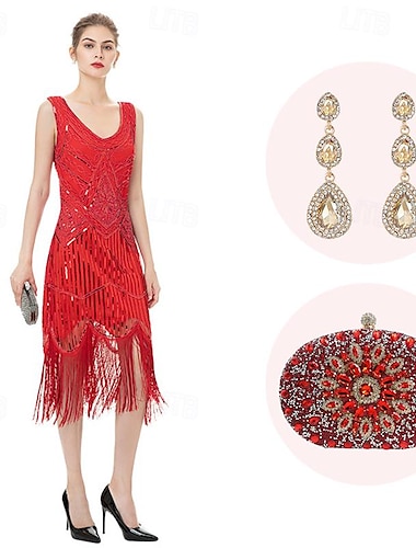  Retro Vintage Goldene Zwanziger 1920er Flapper Kleid Cosplay Kostüm Outfits Der große Gatsby Hochzeitsgast Pailletten Quastenfransen Kostüm Damen Weihnachten Halloween Karneval Halloween Party
