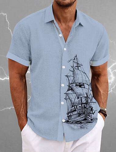  Herren Nautisch Segelboot Hemd Knopfhemd Kurzarm Vintage Brautkleider schlicht Urlaub Täglich Hawaiianisch Sommer Frühling Umlegekragen Hemden mit Kragen Knopf hoch 3D-Druck Weiß Blau Grau