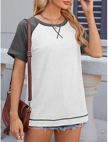  Femme T shirt Bloc de couleur Décontractées Manche Courte Col Ras du Cou Hauts longs du quotidien Imprimer Blanche Vin Gris Eté