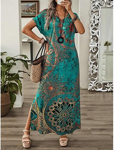  Kvinnors Maxiklänning Sundress Shift Klänning A-linje Klänning Avslappnad Drop Shoulder Daglig Lös Passform Grafisk Kort ärm V-hals Blå Grön Sommar