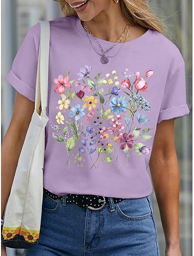  Damen T Shirt Blumen Basic Lässig Kurzarm Rundhalsausschnitt Normale Oberteile Täglich Druck Schwarz Weiß Blau Purpur Sommer