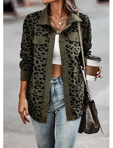  Damen Mantel Outdoor Strasse Täglich Frühling Herbst Standard Mantel Regular Fit Windundurchlässig Atmungsaktiv Stilvoll Brautkleider schlicht Streetstyle Jacken Langarm Leopard Bedruckt Armeegrün