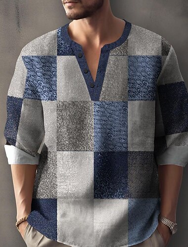  Men's Color Block Geometric Pattern Shirt Button Up Shirt Henley Shirt Long Sleeve Vintage Casual Daily Holiday Summer Spring Fall Collarless V Neck Print Red Blue Purple Khaki