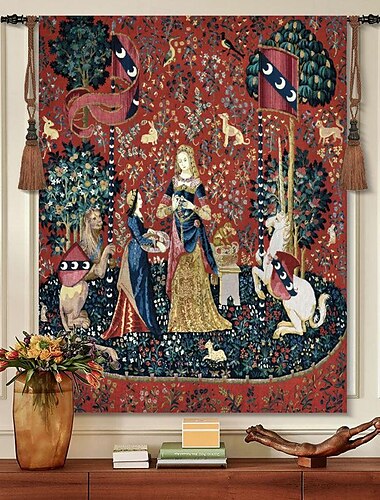  Jacquard-gewebter mittelalterlicher Wandteppich Gobelin Aubusson Die Dame und das Einhorn Webkunst Baumwollgewebe Wandkunst Aufhängung Größerer Wandteppich historische mittelalterliche