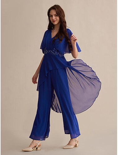  abito da sposa in chiffon blu royal con paillettes ricamate, polsini svasati, scollo a V, per la madre della sposa, per stupire nel 2024