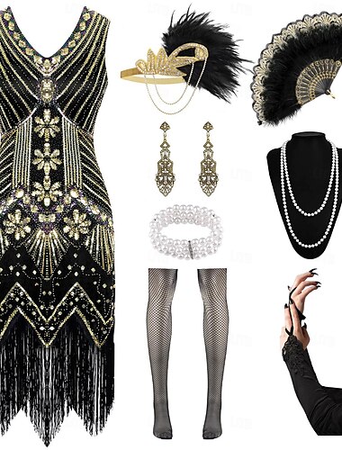  Retrò Vintage Anni Ruggenti Anni 1920 Abito Flapper Abiti Set di accessori Il grande Gatsby Ragazza Flapper Invitato al matrimonio Paillettes Frangia con nappe Per donna Ricevimento di matrimonio
