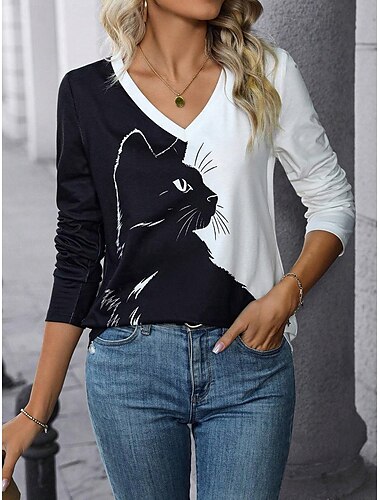  Femme T shirt Bloc de couleur Chat Mode manche longue Col V Hauts réguliers du quotidien Imprimer Blanc / Noir Printemps & Automne