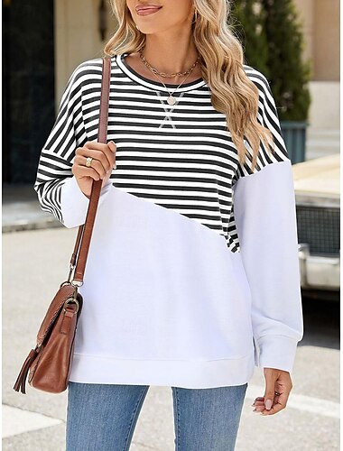  Damen Sweatshirt lässig gestreift Alltagskleidung Rundhalsausschnitt Druck Langarm schwarz rot blau grün Frühling Herbst