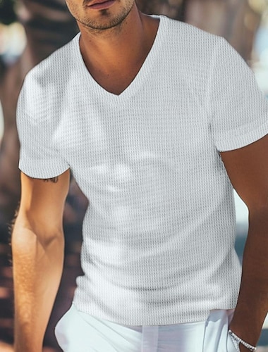  Муж. Вафельная рубашка Henley Футболка С короткими рукавами V-образный вырез Лето Сплошной цвет Мода Оригинальный рисунок Удобный Пуговицы на открытом воздухе Повседневные Белый Хаки