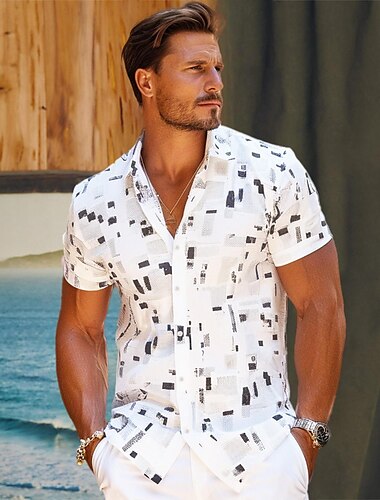 Voor heren Geometrisch Linnen overhemd Normaal shirt Overhemd met knopen Korte mouw Dagelijks Sport & Buiten Buiten Sport & Outdoor Kantoor / Formeel Strijkijzer Knop Zak Wit