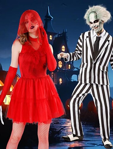  Käfersaft Beetlejuice 2 Ghost Braut Lydia Deitz Cosplay Kostüm Halloween-Gruppenkostüme für Paare Erwachsene Herren Damen Grusel Hochzeitsfeier Halloween Karneval Einfaches Karnevalskostüm