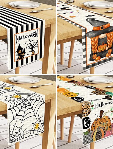  Halloween-Tischläufer aus Leinen mit Spinnennetz-Bordüre, wasserdichte Tischdecke für Zuhause und Wohnzimmer für Ess- und Couchtische
