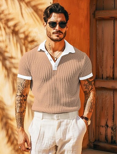  Herren Golfhemd Strickpolo Geschäft Casual Klassisch Kurzarm Modisch Feste Farbe Taste Strick Sommer Frühling Regular Fit Dunkelgrau Hellbraun Weiß Burgunderrot Himmelblau Golfhemd