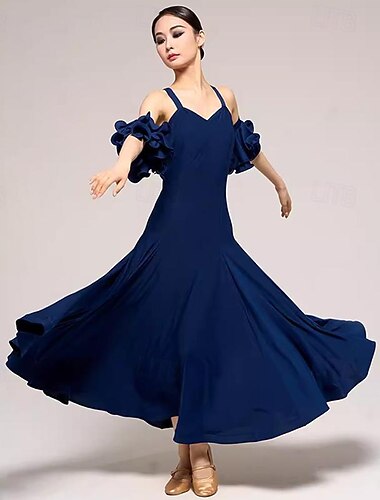  Ballroom-dans Kjole Ren Farge Tvinning Dame Ytelse Fest Ermeløs Krystall Bomull