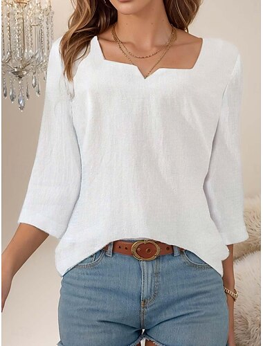  Femme Chemise Chemisier Hauts habillés Couleur unie Plein basique Manches 3/4 Col cranté du quotidien Blanche Eté
