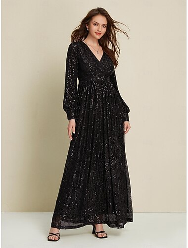  Vestido largo de lentejuelas negras para fiesta o boda, con escote en V y manga larga, para impresionar en 2024