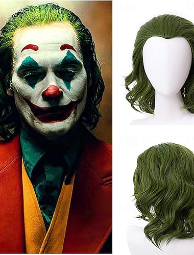  Peluca de payaso mersi, pelucas verdes para joker, peluca de cosplay para hombres y niños, peluca de pelo corto ondulado para fiesta, pelucas de halloween