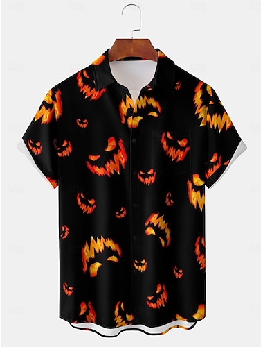  Halloween Ανδρικά Άνθη Κοστούμια Halloween Εκτυπωμένα πουκάμισα Κοντομάνικο Καθημερινό Εξόδου Σαββατοκύριακο Ανοιξη καλοκαίρι Κολάρο Πουκαμίσου Εκτύπωση Μαύρο