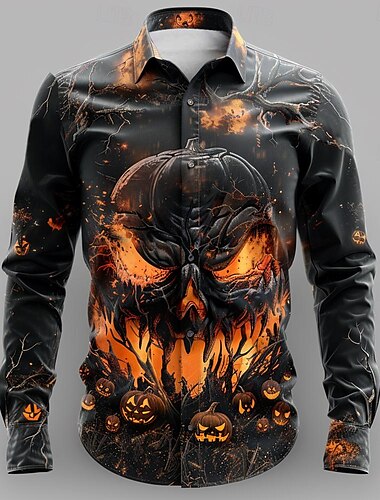  Halloween Herren Kürbis Grimasse Hemd Knopfhemd Langarm Brautkleider schlicht Dunkel Party-Abendgarderobe Herbst Winter Frühling Sommer Umlegekragen Hemdkragen Knopf hoch 3D-Druck Schwarz