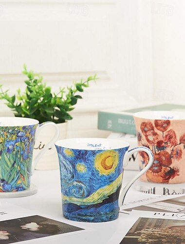  Taza de porcelana de hueso de Van Gogh, taza de café de cerámica creativa y artística con famoso diseño de pintura al óleo, taza de porcelana única en caja de regalo para uso doméstico