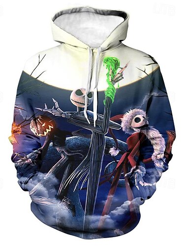  Jack Skellington Kapuzenshirt Zeichentrick Manga Anime 3D Vordertasche Grafik Kängurutasche Für Paar Herren Damen Erwachsene Halloween Karneval Maskerade 3D-Druck Casual