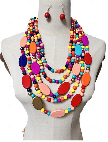  Joyería para mujer, conjunto de collar y pendientes para mujer, collar grueso, collar de cuentas de colores, trajes de junio, camisa, vestido, accesorios de joyería