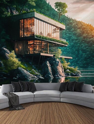  Architektur im Wald hängen Wandteppich Wandkunst große Wandteppich Wandbild Dekor Fotografie Hintergrund Decke Vorhang Haus Schlafzimmer Wohnzimmer Dekoration Wandtuch XXL Natur