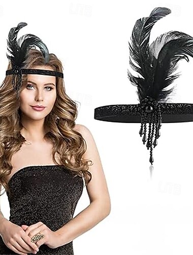  Zabytkowe 1920 roku Wielki Gatsby Opaska w stylu lat 20-tych Zestaw akcesoriów Opaski na głowę Czarleston Gość weselny Pióro Moda Damskie Bal maskowy Przyjęcie weselne Wieczór panieński Festiwal Dla
