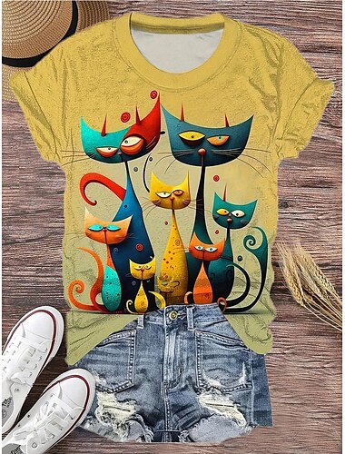  Damen T-Shirt lässig Katzen-Print Kurzarm normale Oberteile Rundhals täglich gelb Sommer