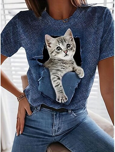  Damen T Shirt Katze Stilvoll Brautkleider schlicht Kurzarm Rundhalsausschnitt Normale Oberteile Täglich Bedruckt Blau Sommer