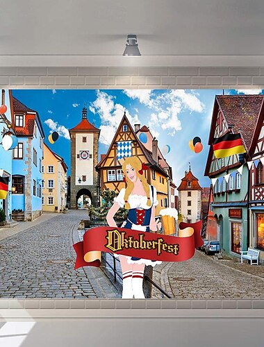  décorations du festival Oktoberfest 5,90 x 2,95 pieds extra large paysage de rue bavaroise toile de fond bannière fond photomaton avec corde fournitures de jeu de fête de bière allemande