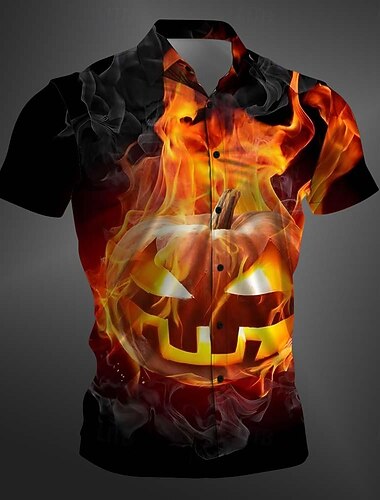  Halloween Zucca Informale Scuro Per uomo Camicia Camicia con bottoni Manica corta Da sera Giornaliero Estate Inverno Primavera & Autunno Collo ripiegabile Abbottonare Stampa 3D Sottile Rosso Viola