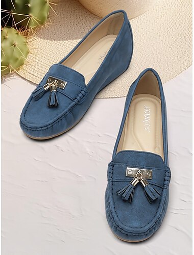  γυναικεία μπλέ σουέτ loafers με φούντες – άνετα slip-on μοκασίνια για casual και καθημερινή χρήση