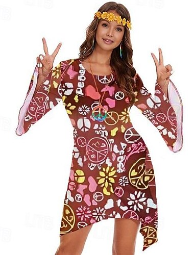  Retro Vintage 1970er 70er-Jahre Damenkostüm Glockenärmel Hippie Disco Grafik Rundhals Damen Halloween Karneval Maskerade Party Alltagskleidung Pride Parade Erwachsene Kleid Ganzjahres