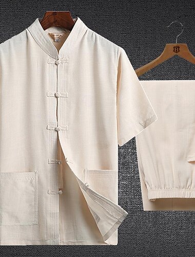  Herren T-Shirt Anzüge Hemd- und Hosensets 2-teiliges Outfit Kurzarm Stehkragen Sommer Einfach Mode Chinesischer Stil Lässig 2 teilig Urlaub Alltagskleidung Ausgehen Weiß Marineblau Beige Top T-Shirt